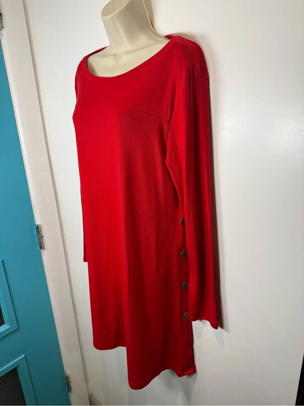 Korsis Red Knit A-Line Knee Length Dress L Long Sleeve Scoop Neck Pullover